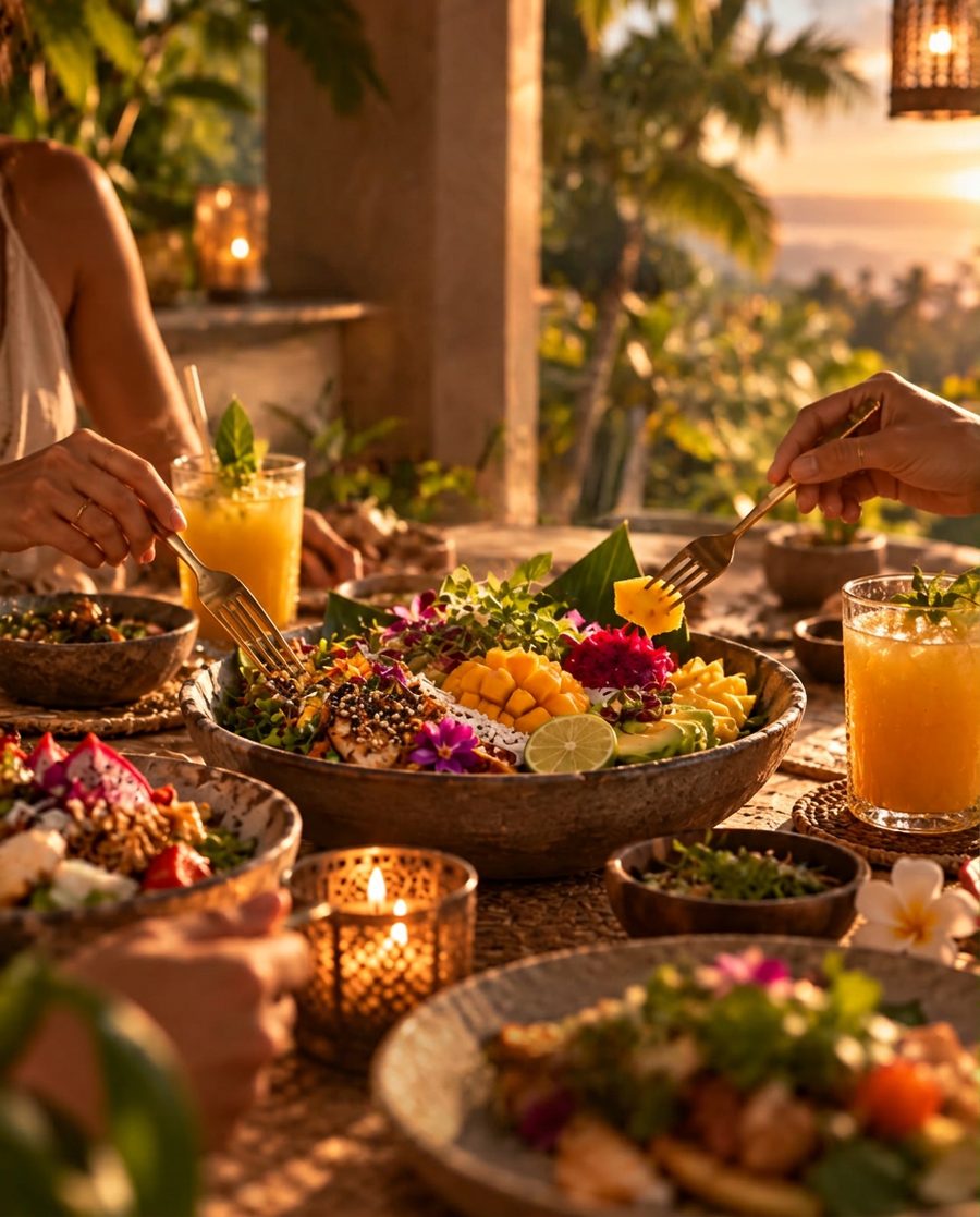A long table of fresh tropical dishes