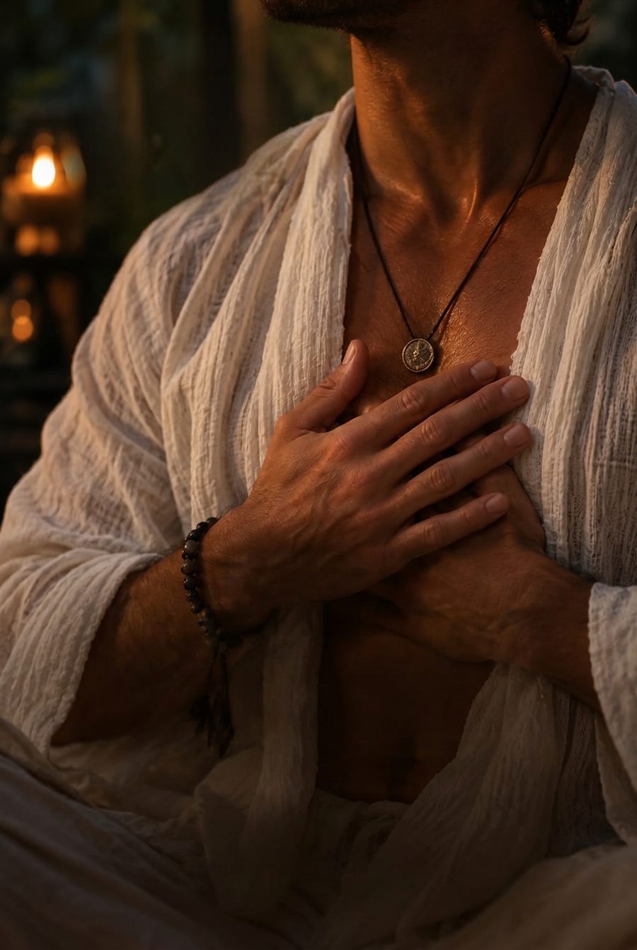 Hand on the heart, linen robe, candlelight