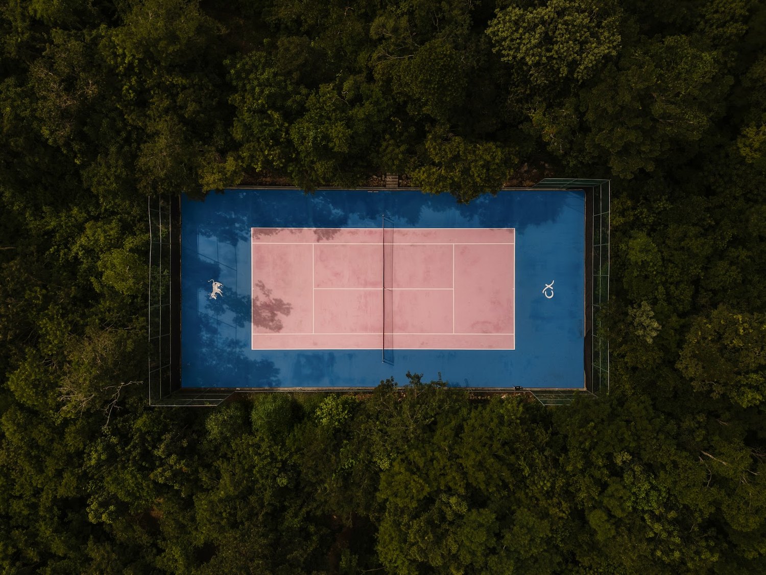 Casa Xolo’s private tennis court, carved straight out of the jungle — seen from directly above.